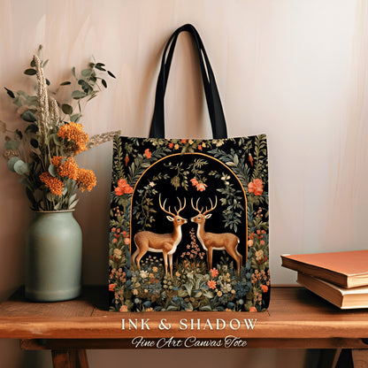 Forest Spirits Tapestry Tote | Folklore Aesthetic Shoulderbag Woven William Morris Bag Dark Fairycore Gothic Botanical Deer Woodland Magic