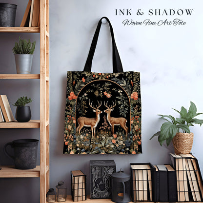 Forest Spirits Tapestry Tote | Folklore Aesthetic Shoulderbag Woven William Morris Bag Dark Fairycore Gothic Botanical Deer Woodland Magic