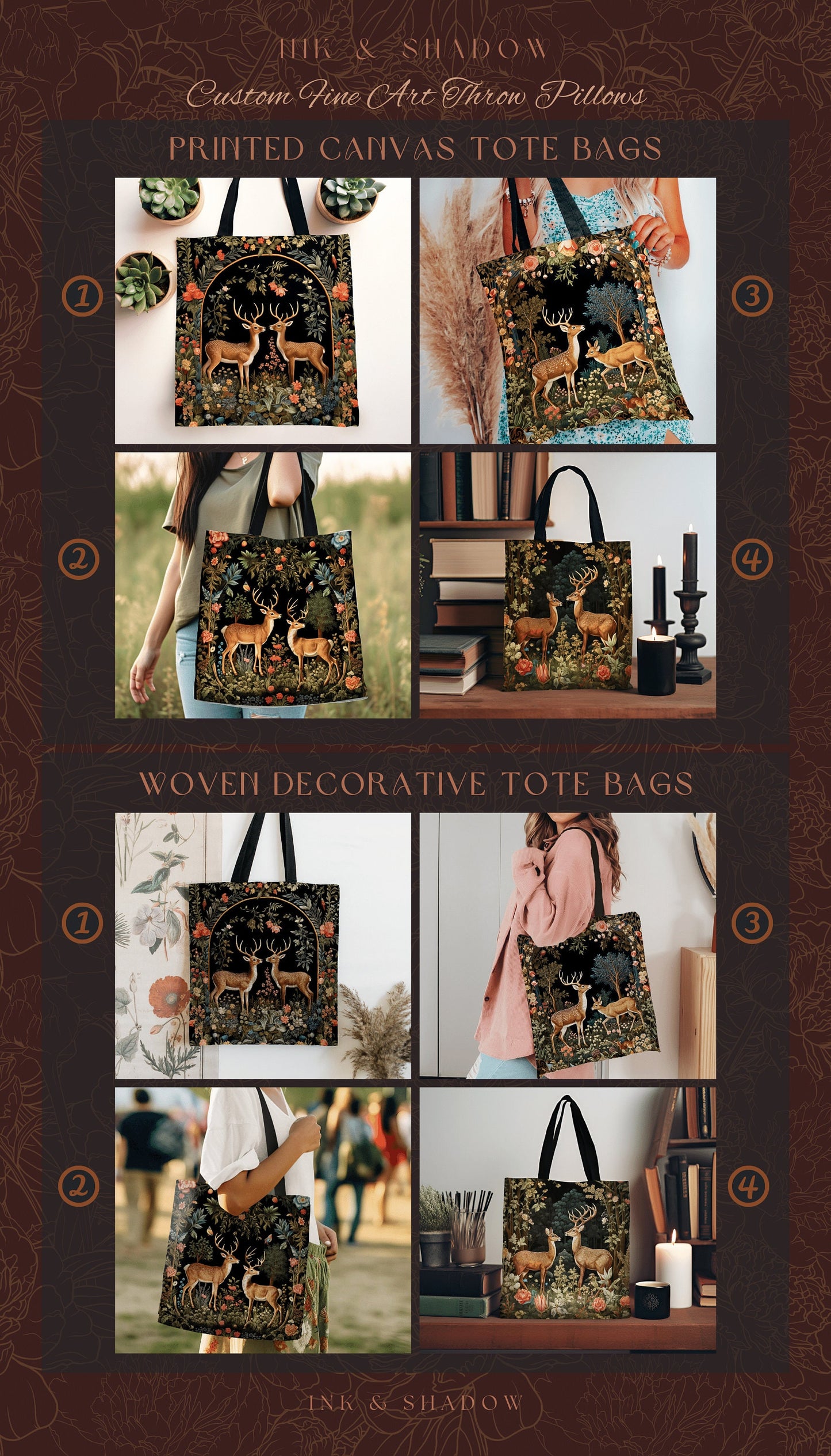 Forest Spirits Tapestry Tote | Folklore Aesthetic Shoulderbag Woven William Morris Bag Dark Fairycore Gothic Botanical Deer Woodland Magic