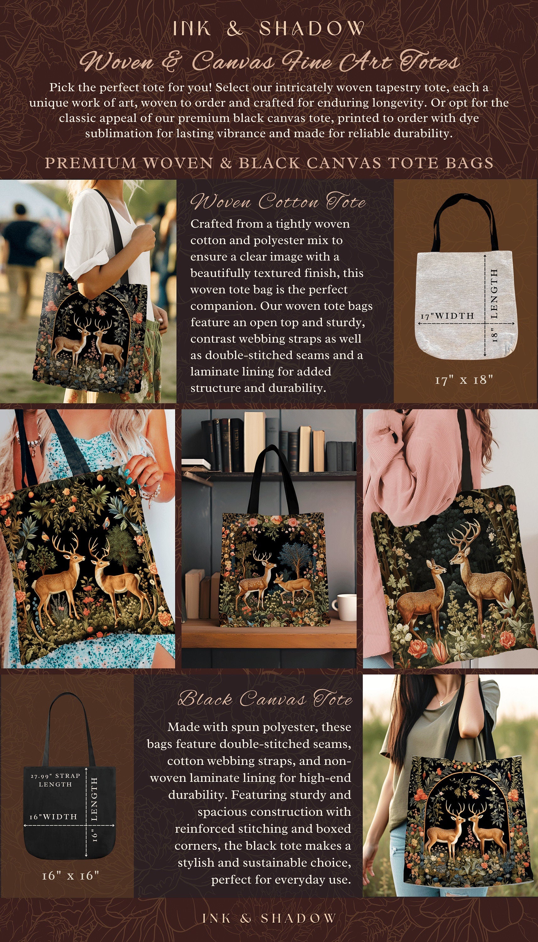 Forest Spirits Tapestry Tote | Folklore Aesthetic Shoulderbag Woven William Morris Bag Dark Fairycore Gothic Botanical Deer Woodland Magic