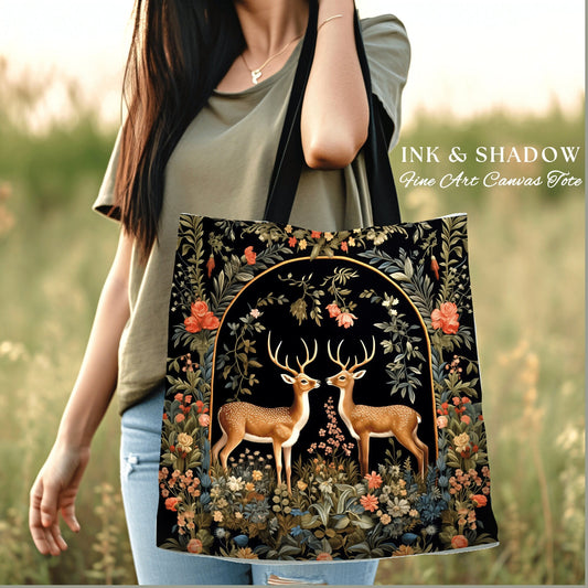 Forest Spirits Tapestry Tote | Folklore Aesthetic Shoulderbag Woven William Morris Bag Dark Fairycore Gothic Botanical Deer Woodland Magic