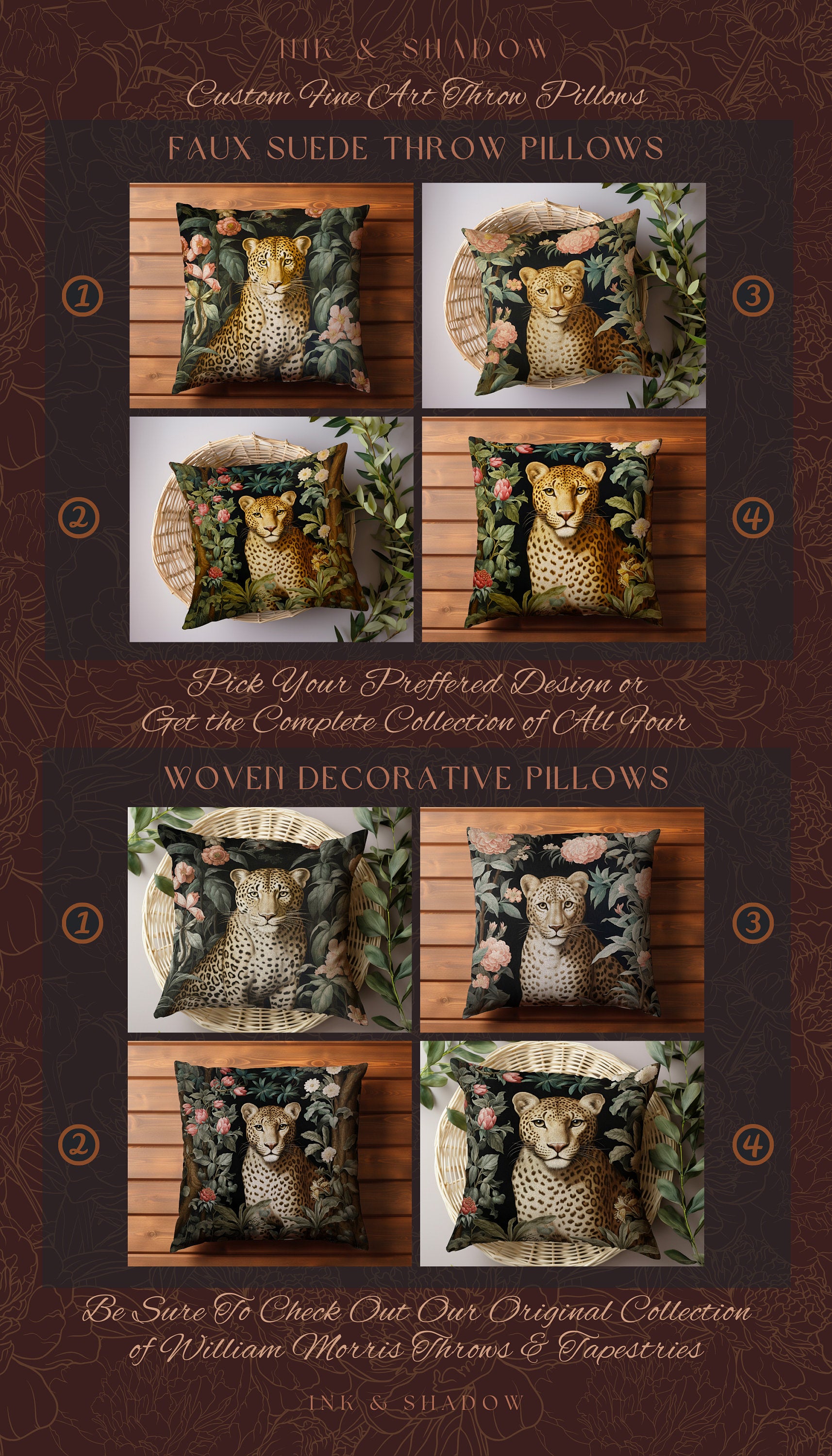 Cheetah Floral Throw Pillow | Dark Academia Tapestry Pillow William Morris Cushion Woodland Gothic Botanical Jungle Aesthetic Leopard Decor