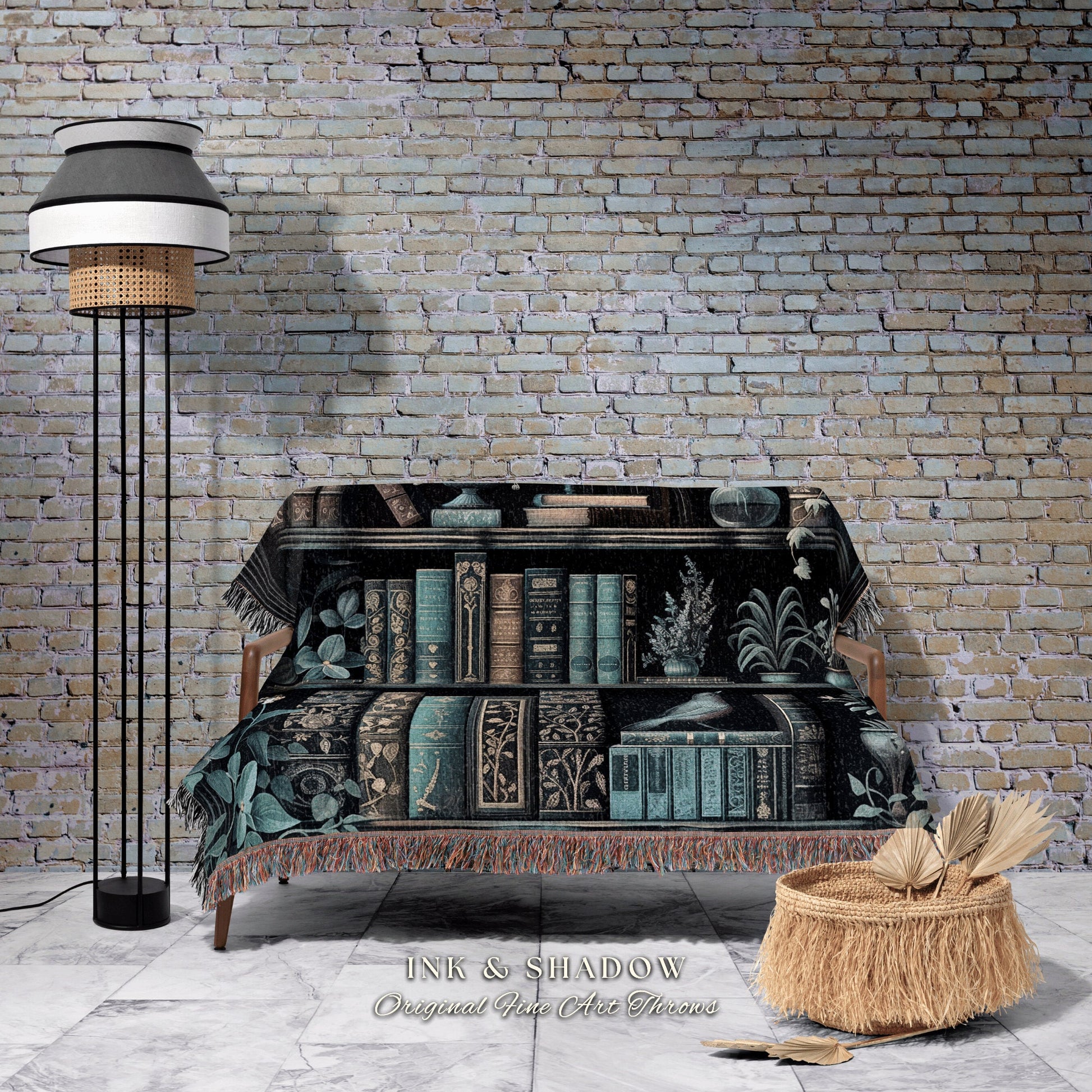 Moody Botanical Bookshelf Tapestry | Cottagecore Gift for Bookworm Whimsical Book Lover Blanket Goth Room Decor Dark Witchy Bedroom Wall Art