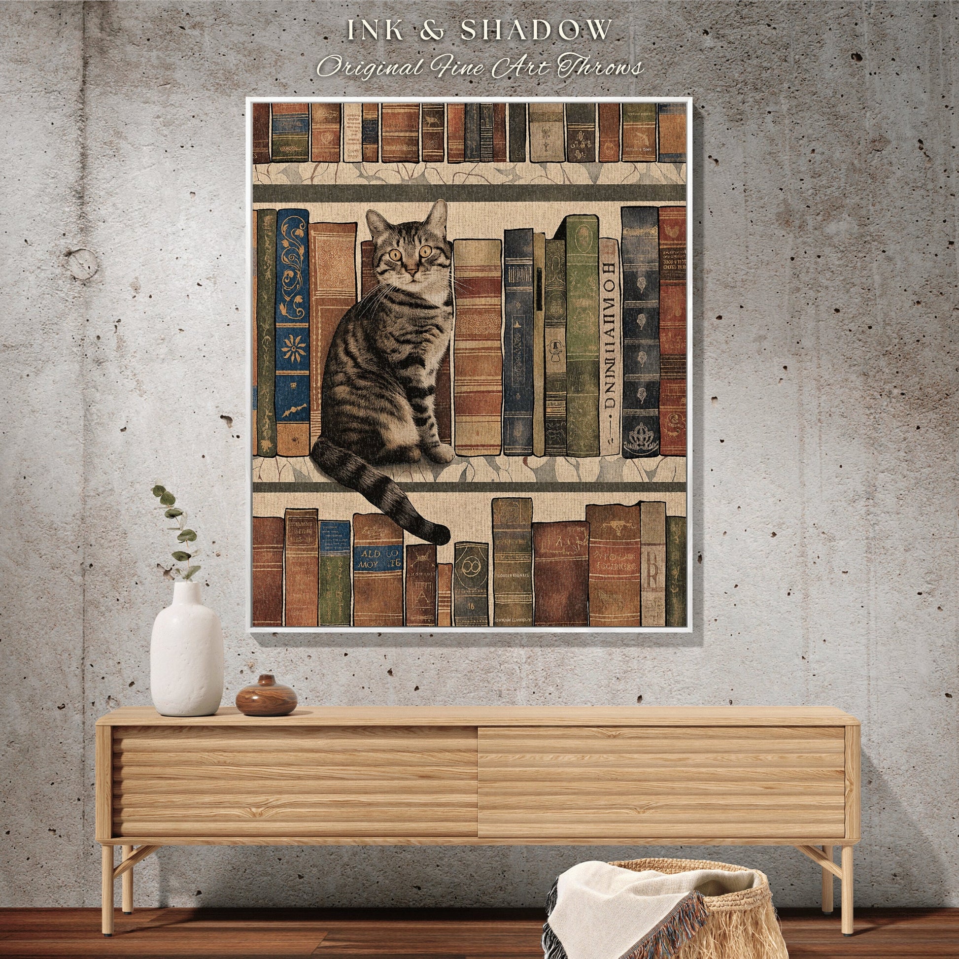 Cat on a Bookshelf Woven Blanket | Gift for Reader Eclectic Cat Lover Tapestry Boho Room Decor Dark Botanical Woven Wall Art Dark Academia