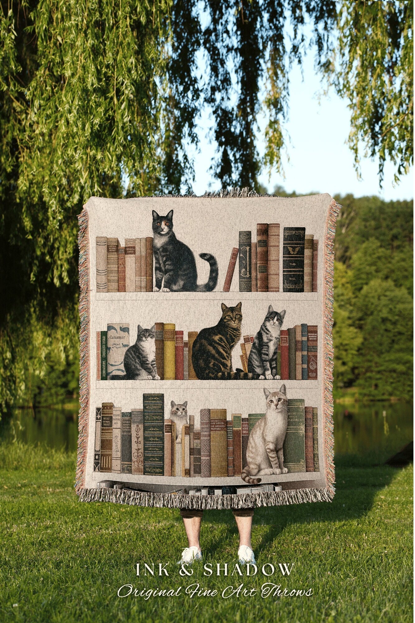 Whimsical Bookshelf Throw Blanket | Gift for Reading Corner Cat Lover Blanket Mystic Room Decor Dark Botanical Woven Wall Art Dark Academia