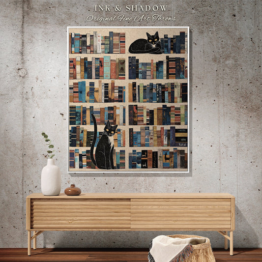 Book Lover Library Blanket | Cottagecore Gift for Bookworm Whimsigoth Cat Lover Throw Blanket Boho Room Decor Dark Witchy Cozy Bedroom Art