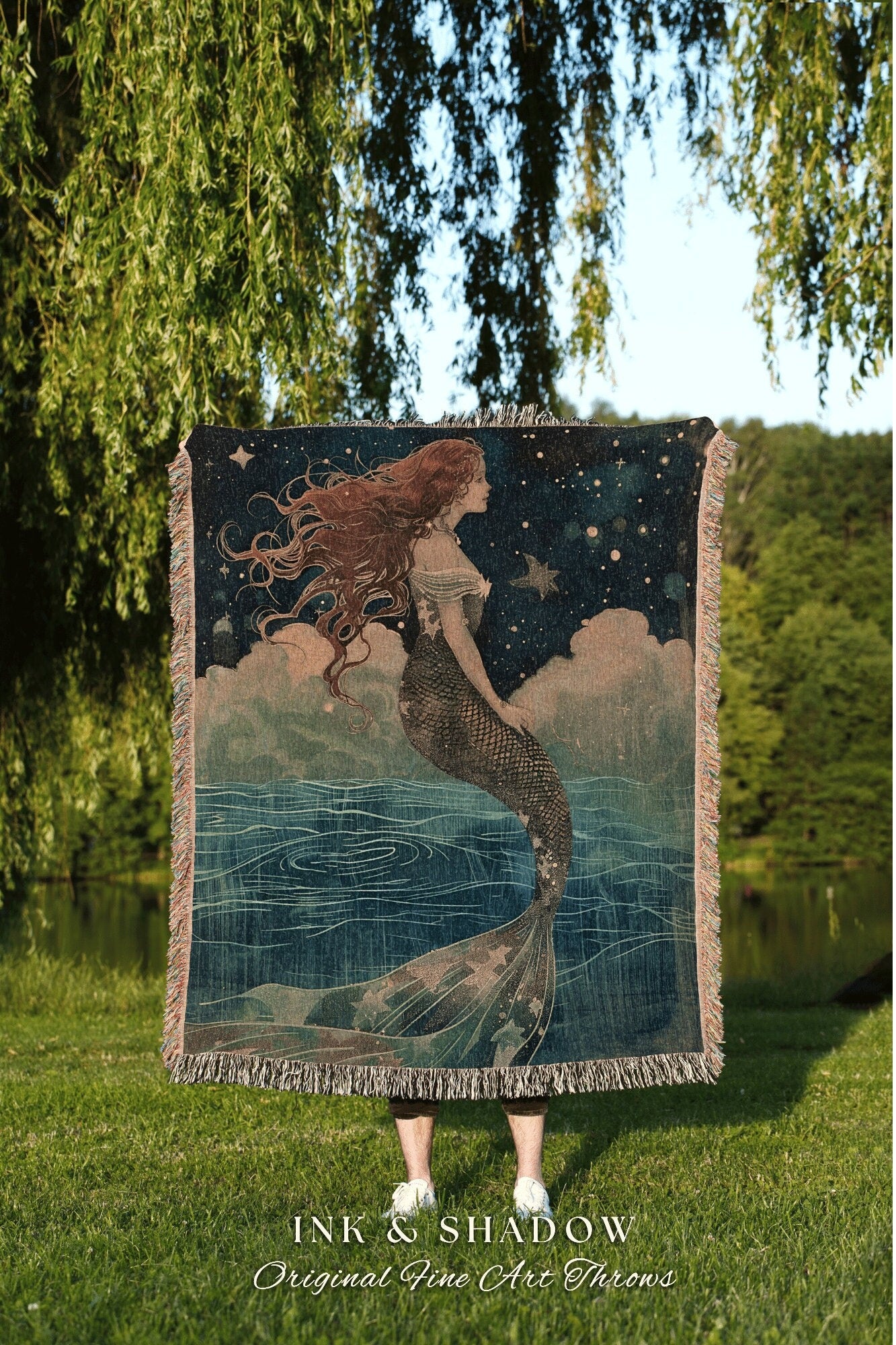 Mystical Mermaid Picnic Blanket | Mermaidcore Aesthetic Celestial Sea Witch Tapestry Fairycore Decor Art Nouveau Fairy Grunge Home Decor