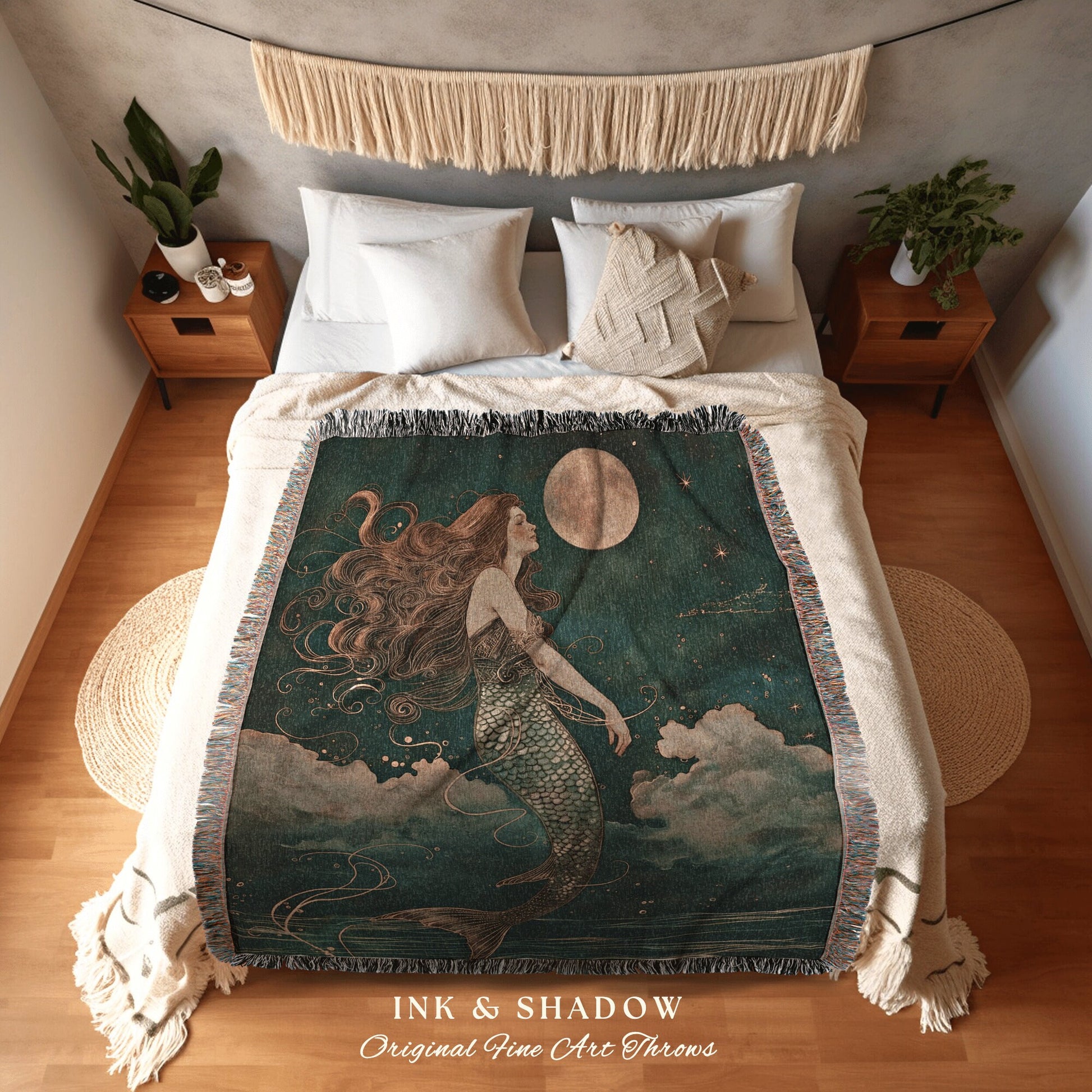 Mythological Siren Woven Blanket | Mermaidcore Bedroom Celestial Sea Witch Tapestry Sirencore Decor Art Nouveau Fairy Grunge Moody Aesthetic