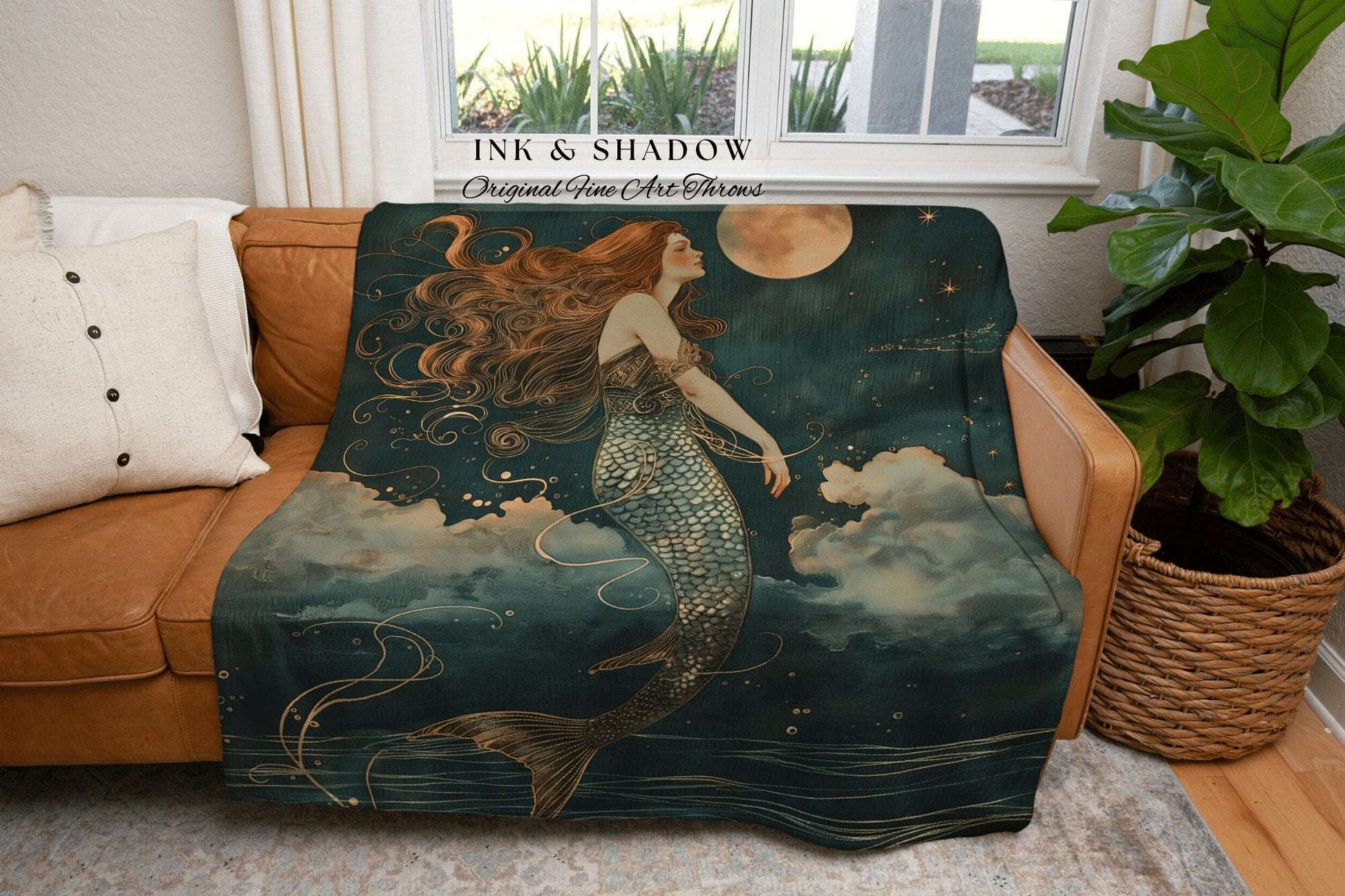 Mythological Siren Woven Blanket | Mermaidcore Bedroom Celestial Sea Witch Tapestry Sirencore Decor Art Nouveau Fairy Grunge Moody Aesthetic