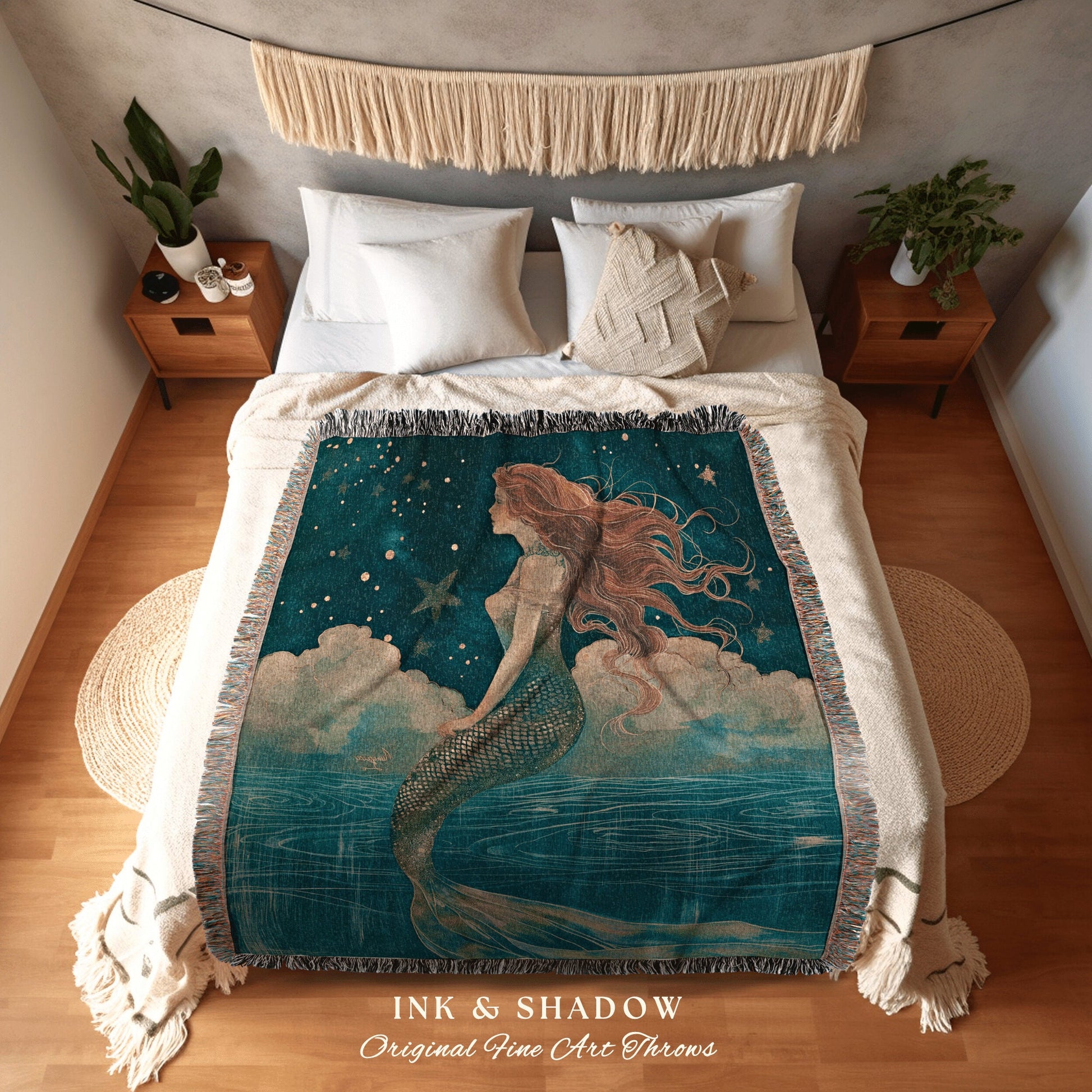 Mermaidcore Woven Throw Blanket | Siren Aesthetic Celestial Wall Art Fairycore Decor Art Nouveau Fairy Grunge Room Decor Ethereal |