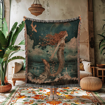 Ethereal Mermaid Cozy Throw | Mermaidcore Aesthetic Celestial Sea Witch Tapestry Fairycore Decor Art Nouveau Fairy Grunge Room Decor Blanket