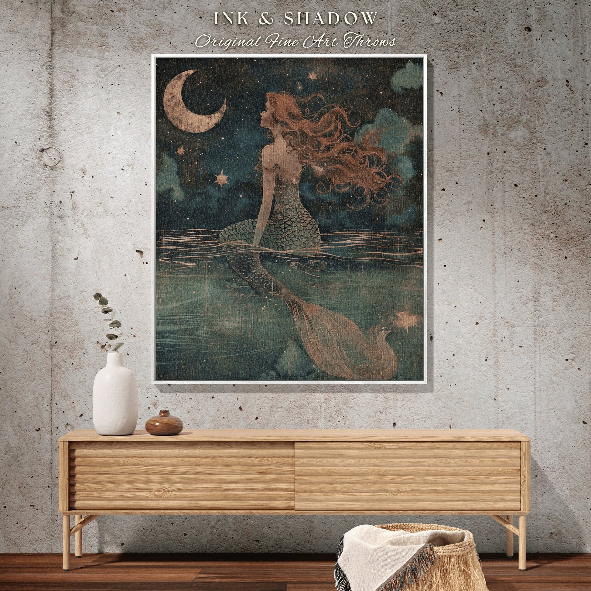 Luna Mermaid Room Decor | Mermaid Aesthetic Bedroom Celestial Witch Tapestry Fairycore Decor Art Nouveau Blanket Fairy Decor Dark Academia