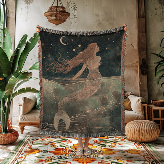 Cozy Mermaid Throw Blanket | Mermaidcore Bedroom Celestial Sea Witch Tapestry Fairycore Decor Art Nouveau Fairy Grunge Moody Aesthetic |