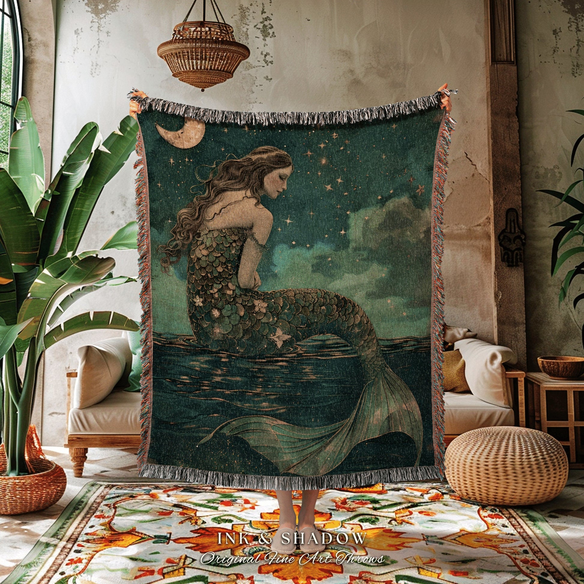 Sea Goddess Throw Blanket | Mermaidcore Bedroom Celestial Sea Witch Tapestry Fairycore Decor Art Nouveau Fairy Grunge Moody Decor Dark