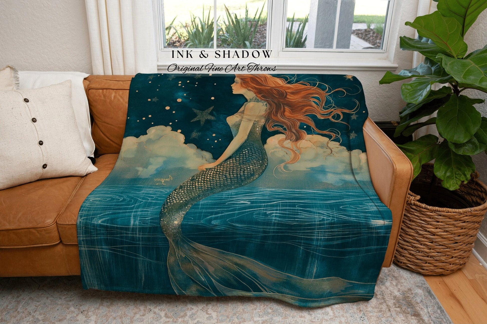 Mermaidcore Woven Throw Blanket | Siren Aesthetic Celestial Wall Art Fairycore Decor Art Nouveau Fairy Grunge Room Decor Ethereal |