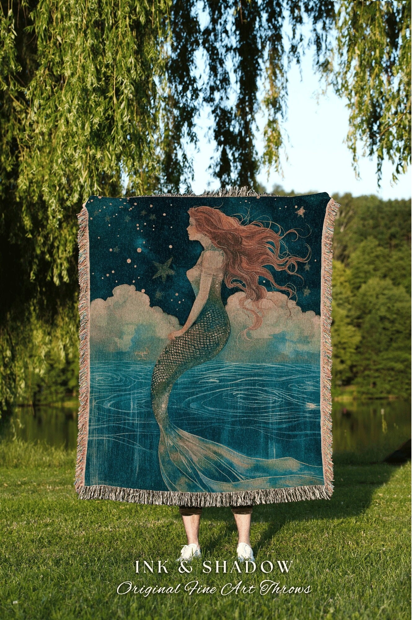 Mermaidcore Woven Throw Blanket | Siren Aesthetic Celestial Wall Art Fairycore Decor Art Nouveau Fairy Grunge Room Decor Ethereal |