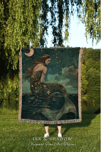 Sea Goddess Throw Blanket | Mermaidcore Bedroom Celestial Sea Witch Tapestry Fairycore Decor Art Nouveau Fairy Grunge Moody Decor Dark