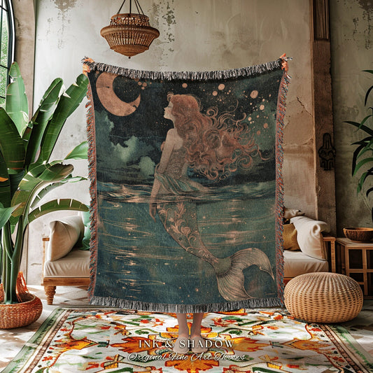 Amphitrite Woven Throw Blanket | Mermaidcore Bedroom Celestial Sea Witch Tapestry Sirencore Decor Art Nouveau Fairy Grunge Moody Aesthetic |