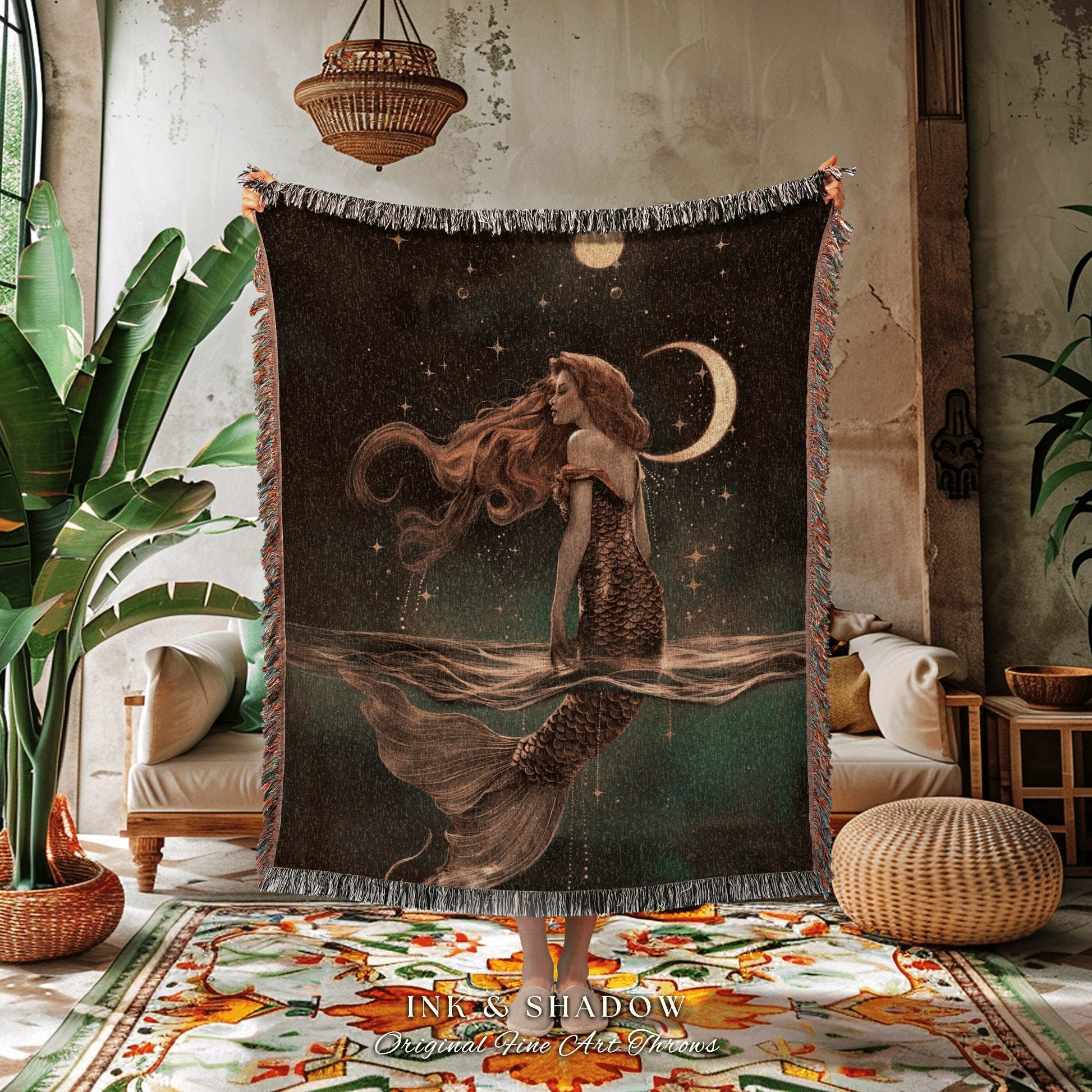 Dark Fairycore Siren Blanket | Mermaidcore Bedroom Celestial Sea Witch Tapestry Sirencore Decor Art Nouveau Fairy Grunge Witchy Wall Art |