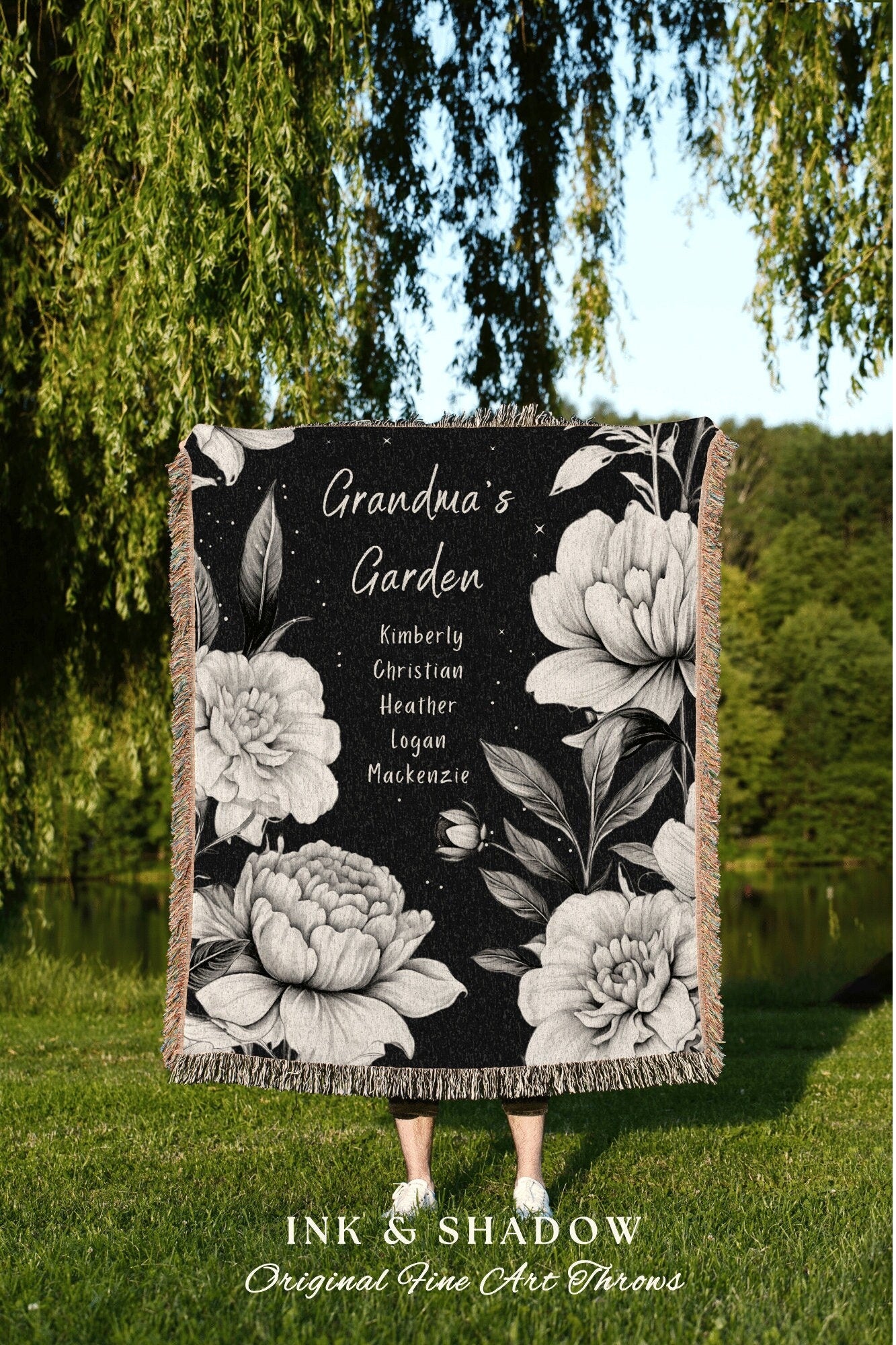 Personalized Garden Throw Blanket | Custom Last Name Tapestry Meaningful Gift for Mom Sentimental Family Heirloom Throw Floral