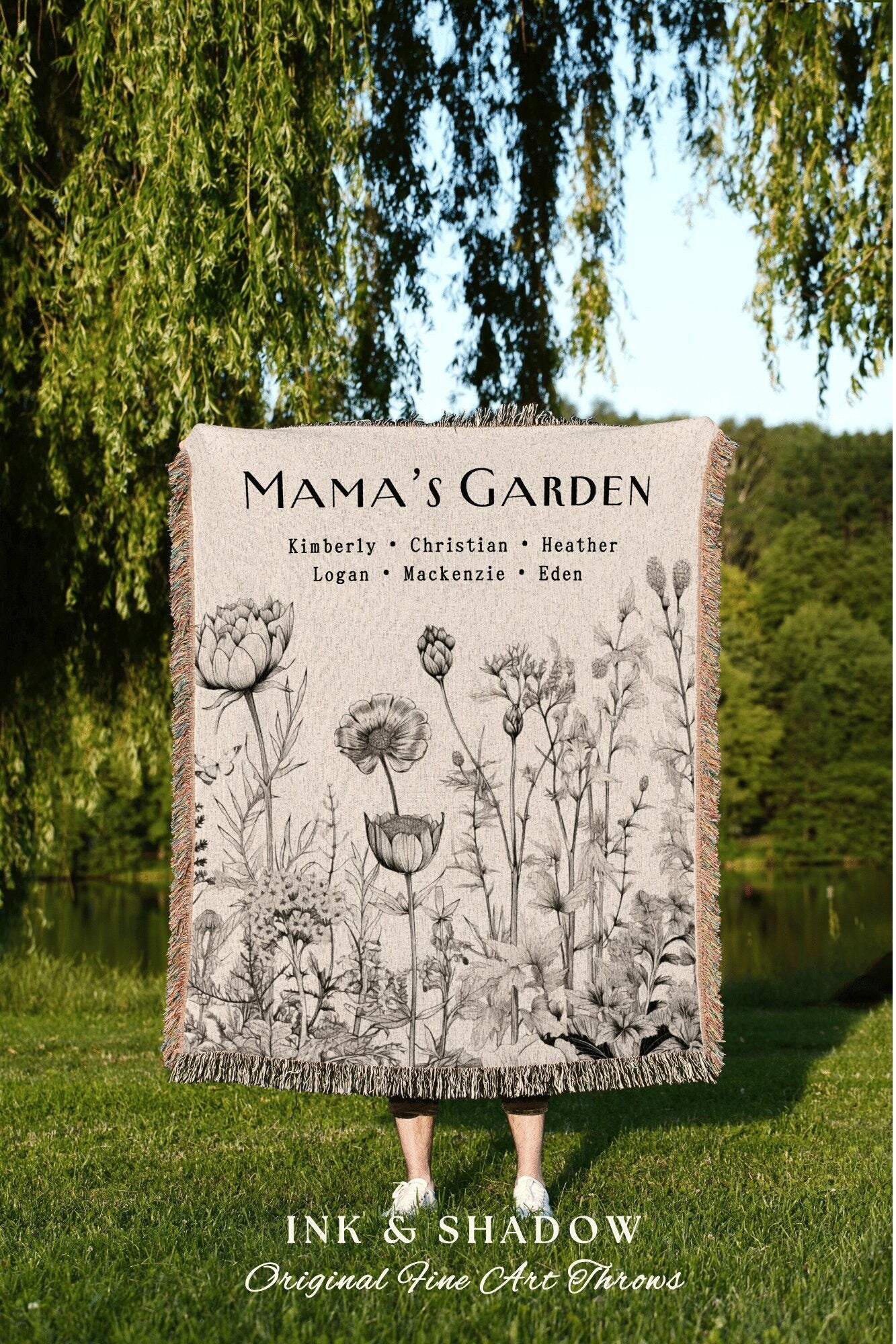 Mammas Garden Woven Tapestry | Personalized Last Name Blanket Meaningful Gift for Mom Sentimental Family Heirloom Throw Kids Names Custom