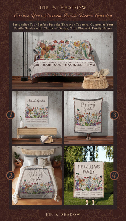 Mom's Garden Custom Blanket | Personalized Last Name Tapestry Meaningful Gift for Grandma Sentimental Family Heirloom Throw Grandkid's Names