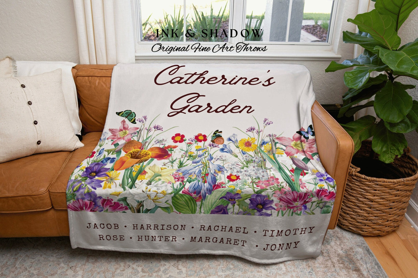 Mom's Garden Custom Blanket | Personalized Last Name Tapestry Meaningful Gift for Grandma Sentimental Family Heirloom Throw Grandkid's Names