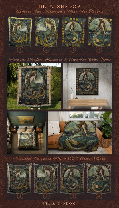 Woven Art Nouveau Mermaid Tapestry | Fairycore Bedroom Celestial Siren Blanket Ethereal Sirencore Decor Witchy Stained Glass Aesthetic |