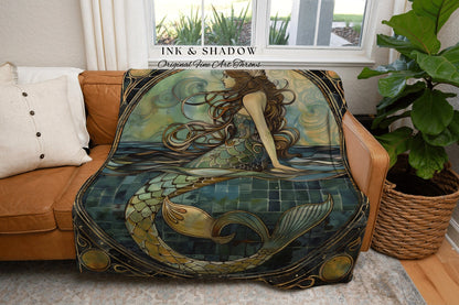 Woven Art Nouveau Mermaid Tapestry | Fairycore Bedroom Celestial Siren Blanket Ethereal Sirencore Decor Witchy Stained Glass Aesthetic |