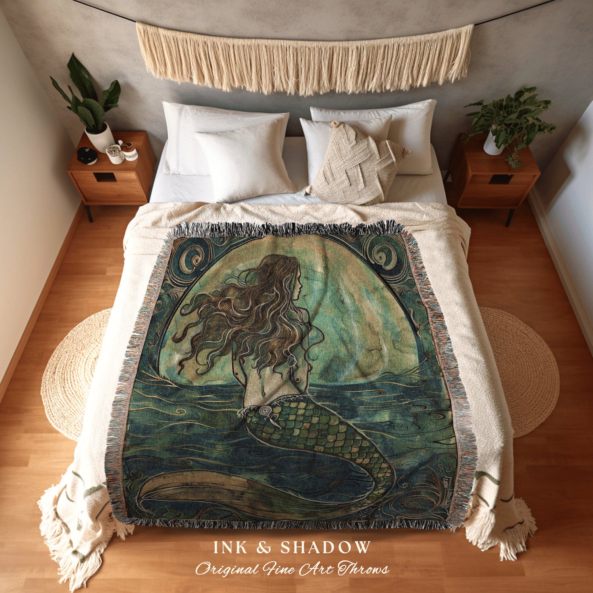 Rustic Mermaid Aesthetic Blanket | Fairycore Bedroom Celestial Siren Throw Ethereal Tapestry Sirencore Decor Witchy Stained Glass Art Woven