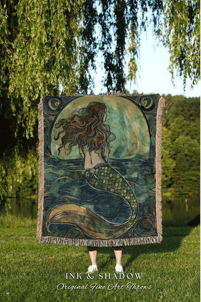 Rustic Mermaid Aesthetic Blanket | Fairycore Bedroom Celestial Siren Throw Ethereal Tapestry Sirencore Decor Witchy Stained Glass Art Woven