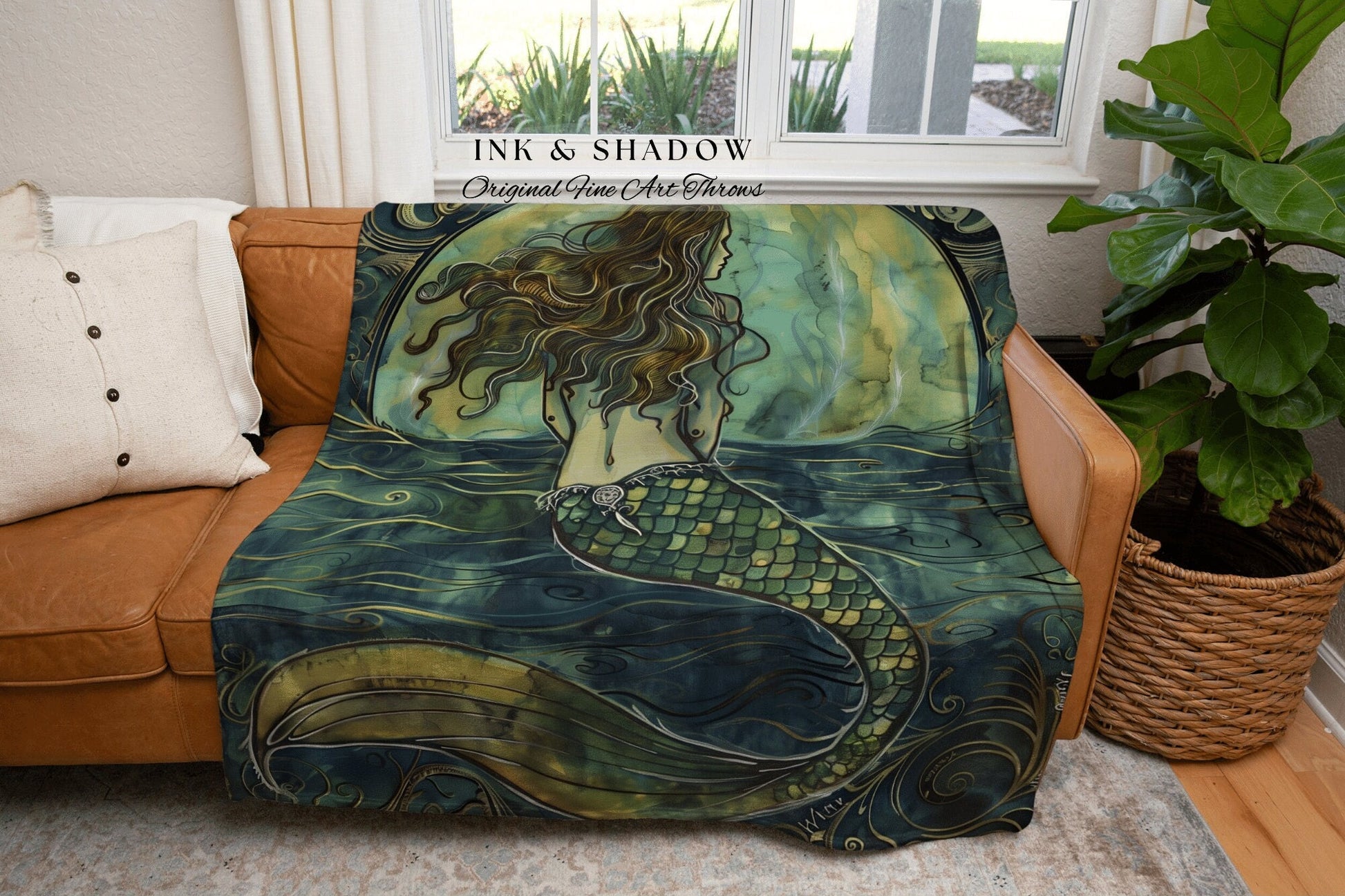 Rustic Mermaid Aesthetic Blanket | Fairycore Bedroom Celestial Siren Throw Ethereal Tapestry Sirencore Decor Witchy Stained Glass Art Woven