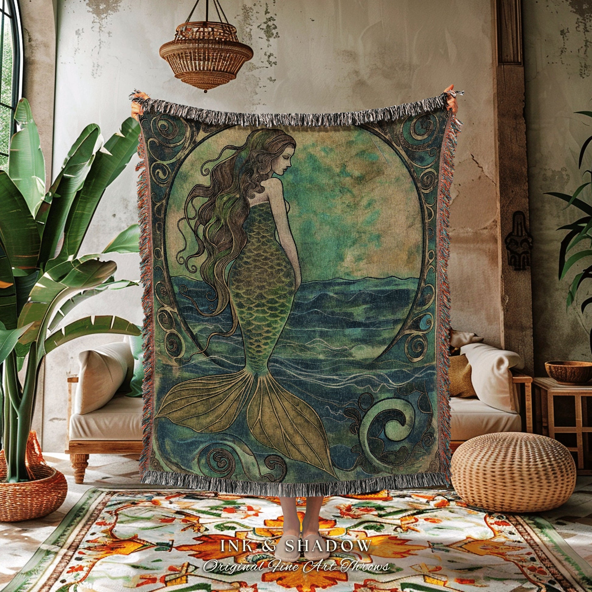 Boho Teal Mermaid Tapestry | Dark Academia Bedroom Celestial Throw Ethereal Mermaidcore Royalcare Tapestry Sirencore Decor Celestial |