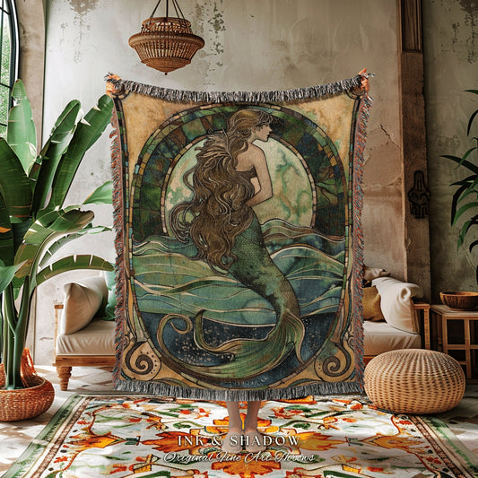 Siren Tapestry Boho Mermaid | Fairycore Bedroom Celestial Throw Ethereal Tapestry Sirencore Decor Witchy Stained Glass Art Woven Wall Art