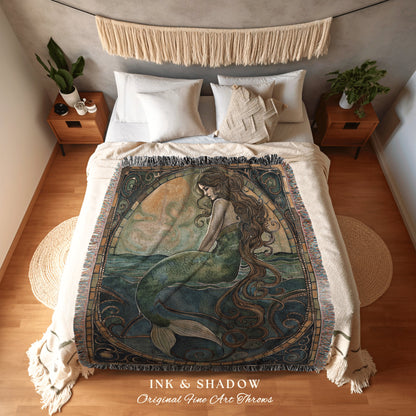 Medieval Mermaid Boho Blanket | Mermaid Aesthetic Bedroom Celestial Witch Tapestry Fairycore Decor Art Nouveau Fairy Decor Dark Academia