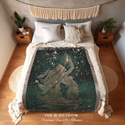 Sea Fairy Woven Tapestry | Mermaid Aesthetic Bedroom Celestial Witch Blanket Fairycore Decor Art Nouveau Fairy Decor Dark Academia Throw