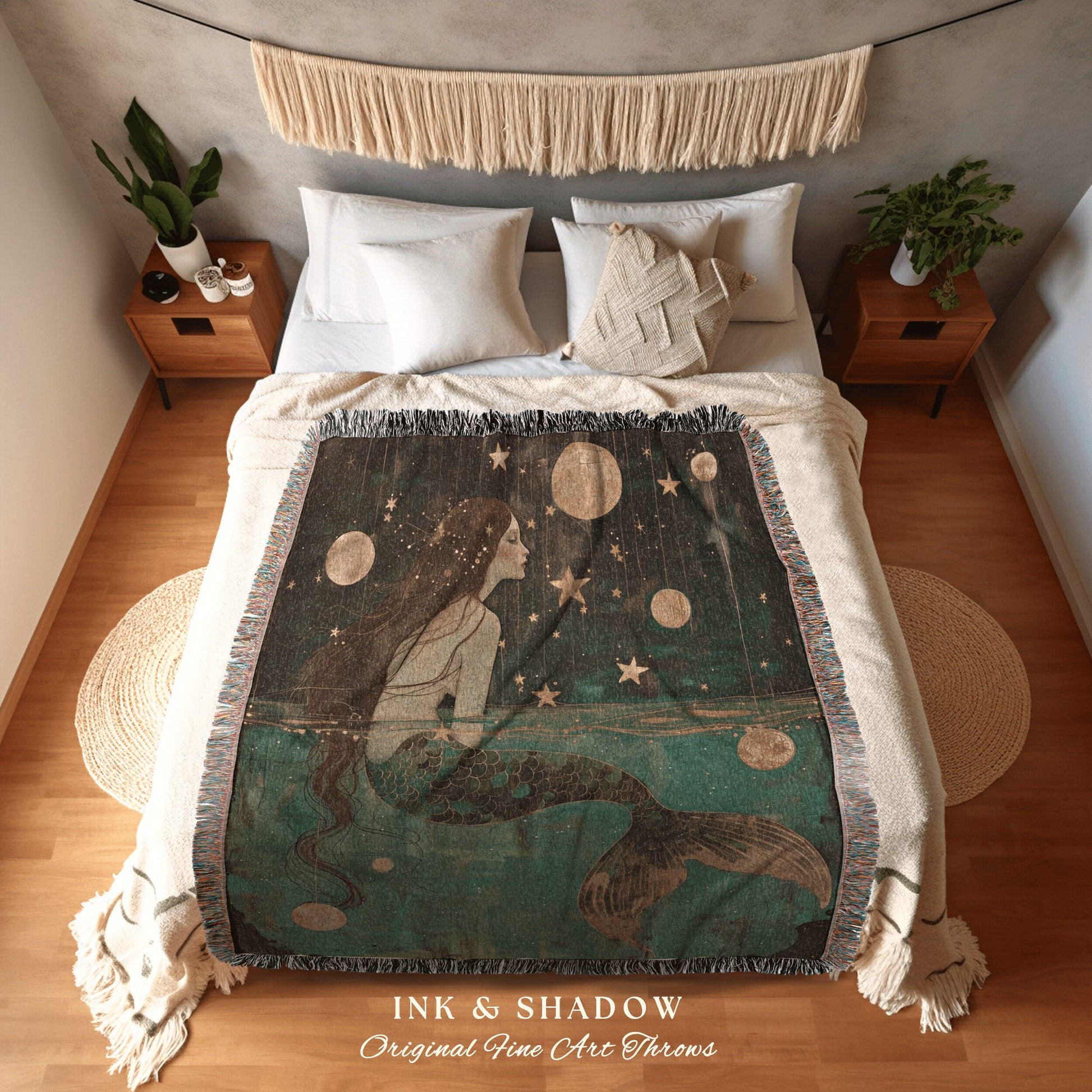 Golden Sea Witch Cozy Blanket | Fairycore Bedroom Celestial Siren Throw Ethereal Tapestry Sirencore Decor Witchy Wall Art Fairy Grunge Art |