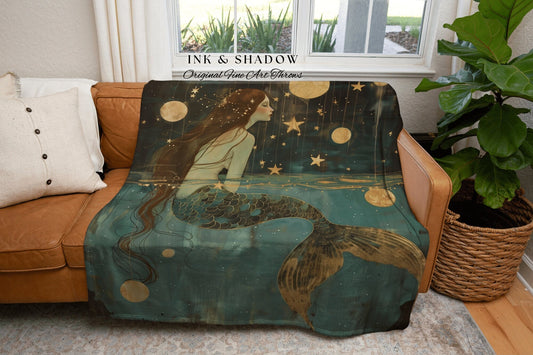 Golden Sea Witch Cozy Blanket | Fairycore Bedroom Celestial Siren Throw Ethereal Tapestry Sirencore Decor Witchy Wall Art Fairy Grunge Art |