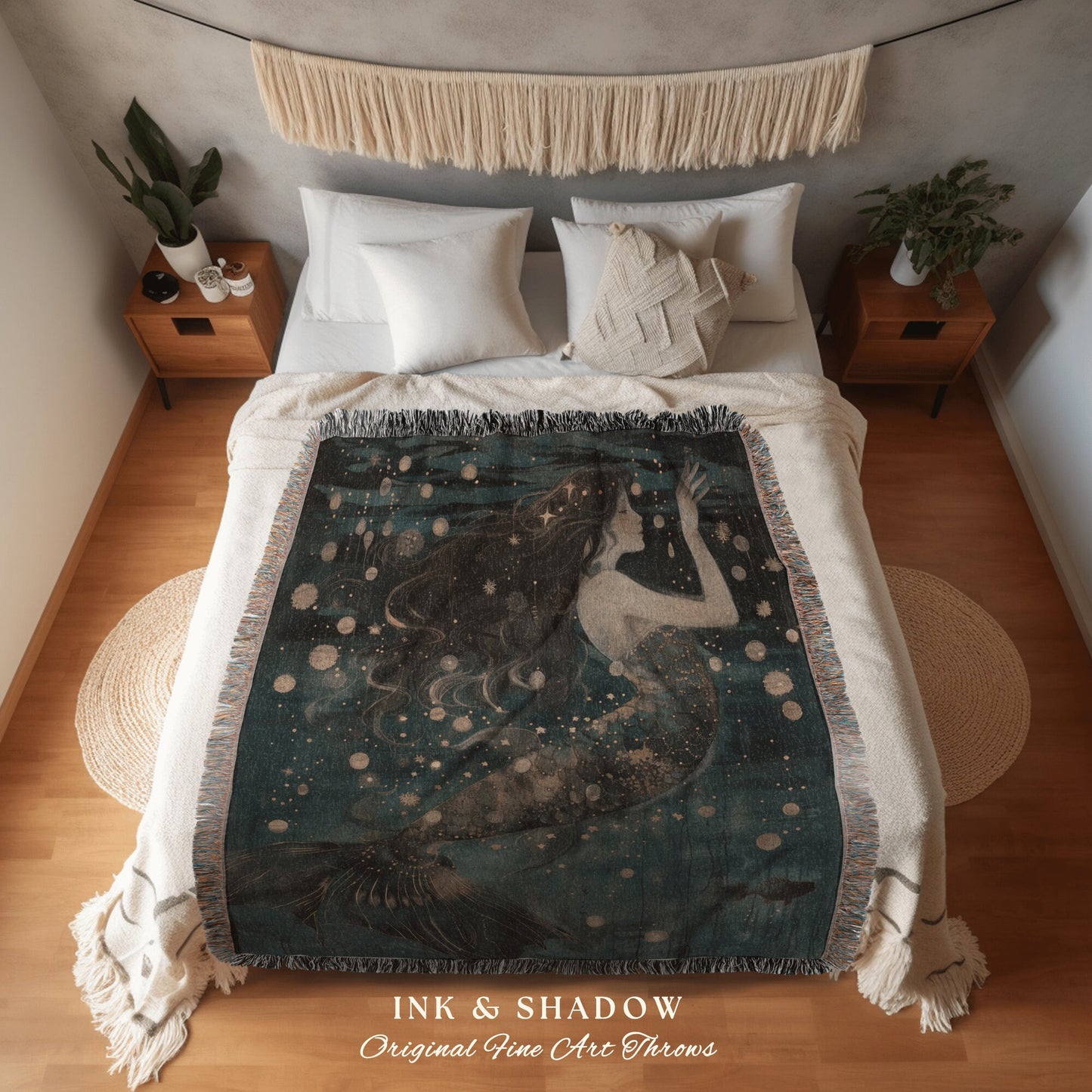 Witchy Aesthetic Throw Blanket | Mermaid Aesthetic Bedroom Celestial Witch Blanket Fairycore Decor Art Nouveau Fairy Decor Dark Academia