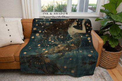 Witchy Aesthetic Throw Blanket | Mermaid Aesthetic Bedroom Celestial Witch Blanket Fairycore Decor Art Nouveau Fairy Decor Dark Academia