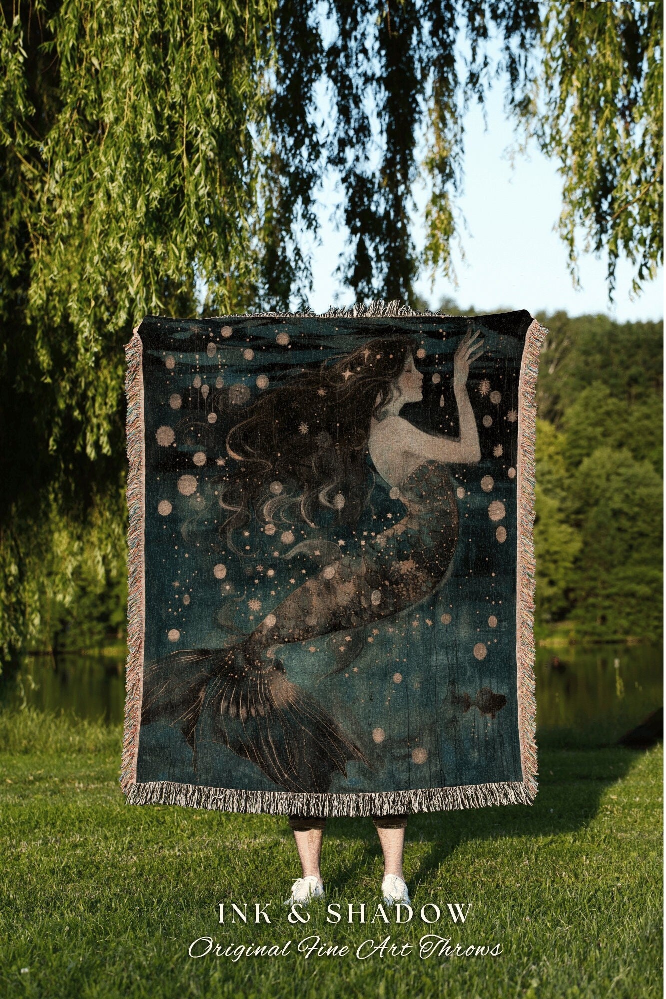 Witchy Aesthetic Throw Blanket | Mermaid Aesthetic Bedroom Celestial Witch Blanket Fairycore Decor Art Nouveau Fairy Decor Dark Academia