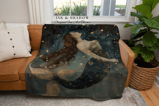 Magical Aesthetic Blanket | Dark Cottagecore Bedroom Celestial Throw Ethereal Mermaid Tapestry Sirencore Decor Witchy Art Fairy Grunge |