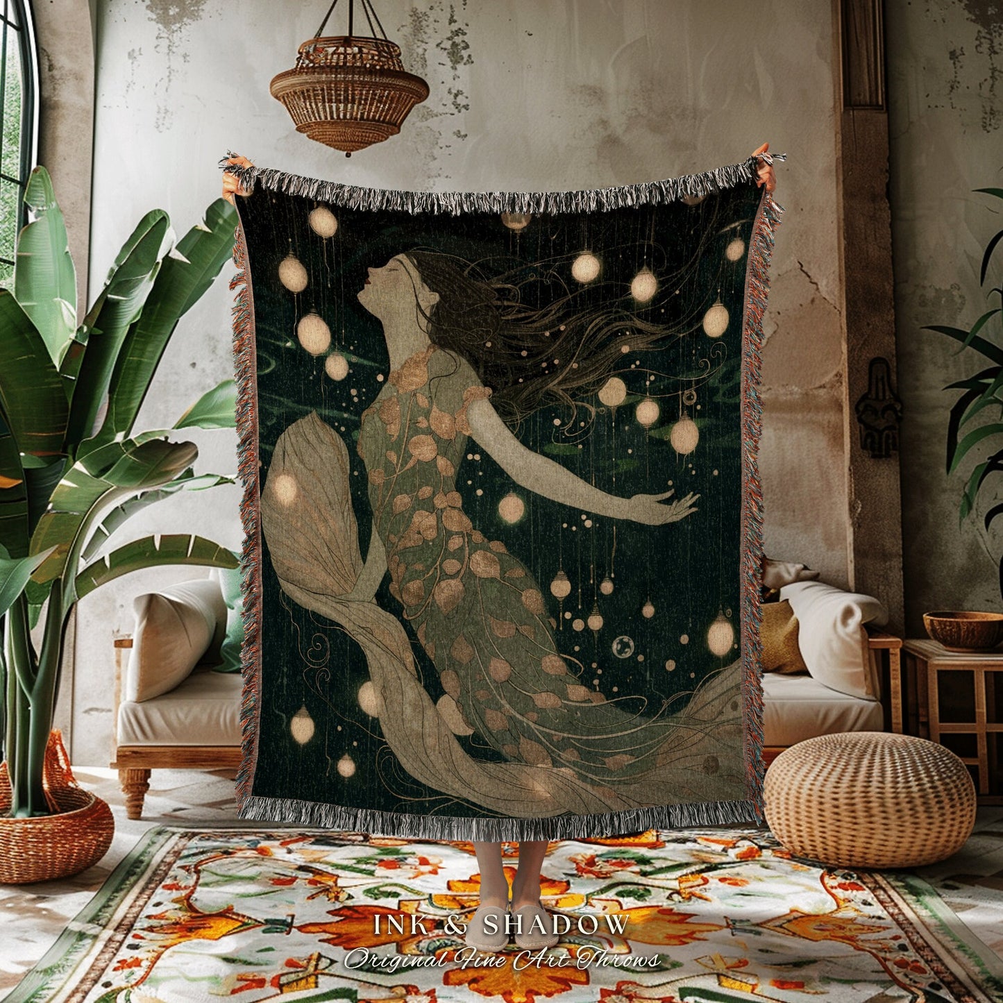 Mystic Water Fairy Woven Throw | Mermaid Aesthetic Bedroom Celestial Witch Blanket Fairycore Decor Art Nouveau Fairy Decor Dark Academia