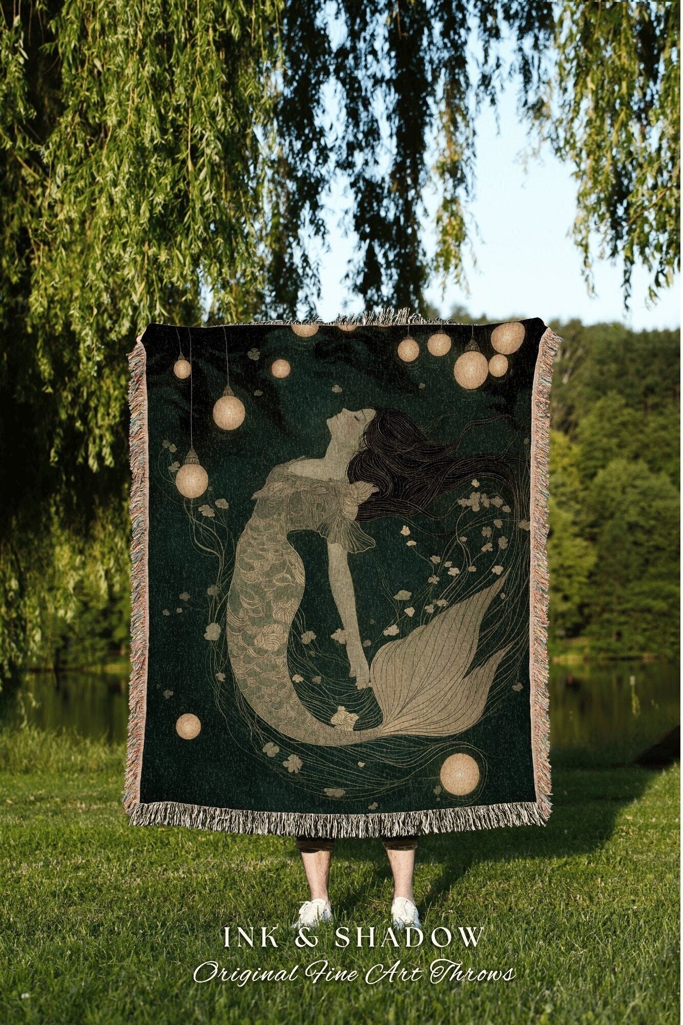 Sea Goddess Woven Throw | Mermaid Aesthetic Bedroom Celestial Witch Tapestry Fairycore Decor Art Nouveau Fairy Grunge Decor Dark Academia