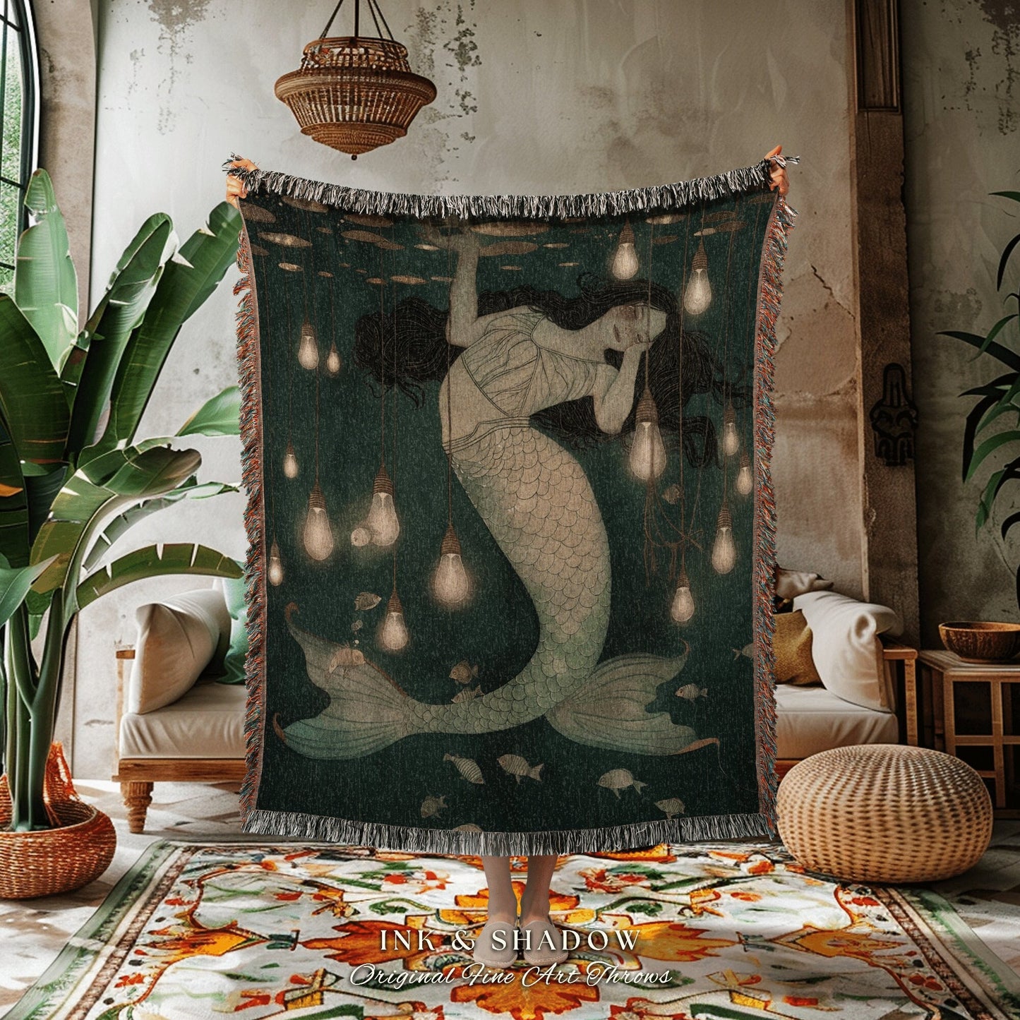 Woven Tapestry Mermaid Room | Dark Academia Bedroom Celestial Throw Ethereal Mermaid Core Royalcare Tapestry Sirencore Decor Celestial Fairy