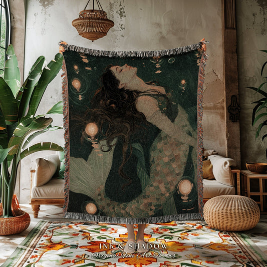 Whimsical Woven Tapestry Blanket | Mermaid Aesthetic Bedroom Celestial Witch Throw Fairycore Decor Art Nouveau Fairy Decor Dark Cottagecorre