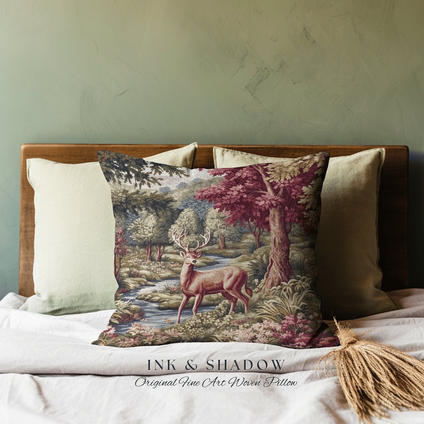 Woven Pillow Woodland Deer | Ornate Deer Tapestry Witchy Decor Fairycore Gift Victorian Aesthetic Room Decor Mystical Deer Throw Pillow