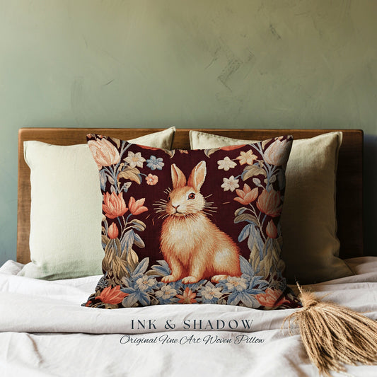 Warm Spring Floral Decor Pillow | Couch Cushion William Morris Throw Cottagecore Bunny Decor Rustic Boho Spring Rabbit Pastel Housewarming