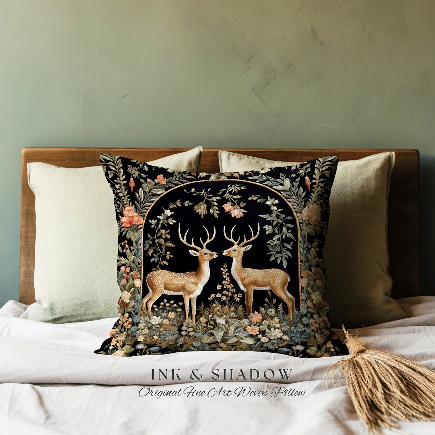 Medieval Deer Woven Pillow | Folklore Aesthetic Couch Cushion Woven William Morris Decor Dark Fairycore Gothic Botanical Woodland Deer