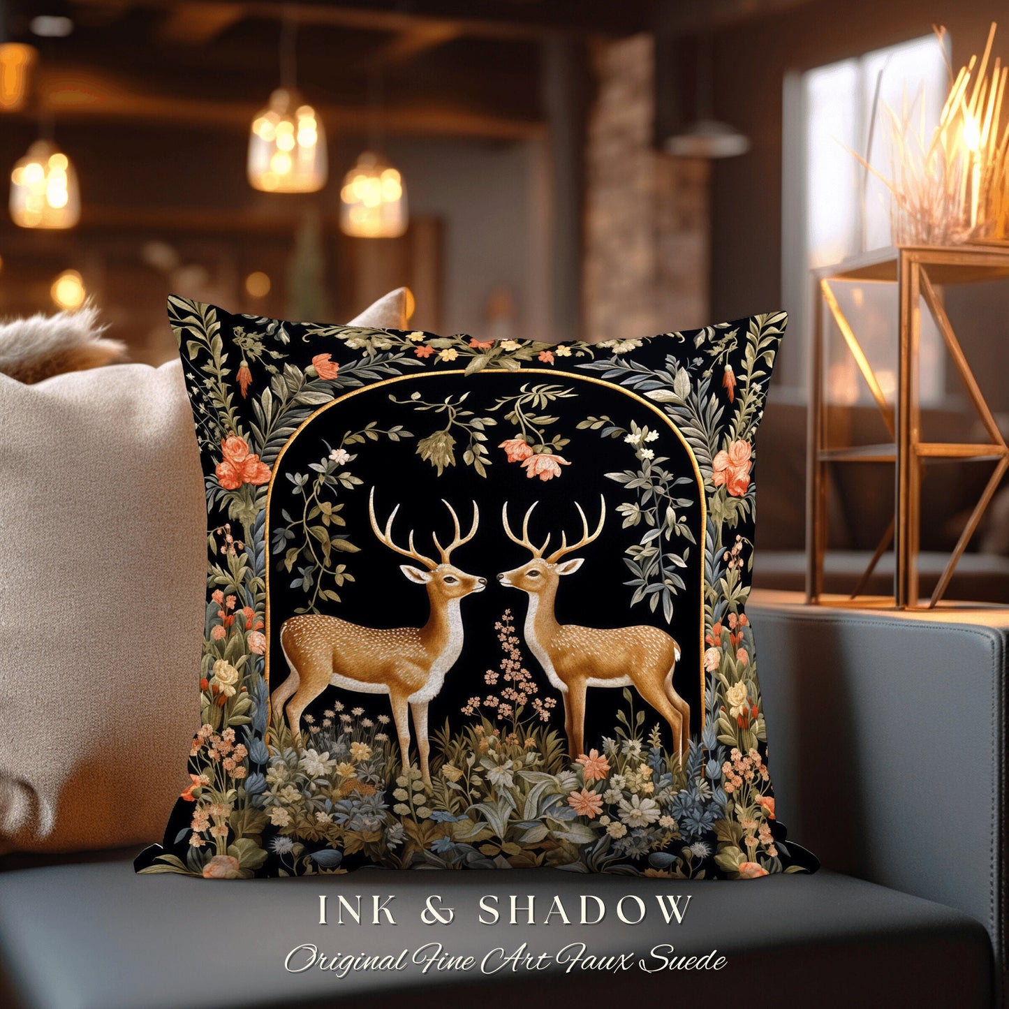 Medieval Deer Woven Pillow | Folklore Aesthetic Couch Cushion Woven William Morris Decor Dark Fairycore Gothic Botanical Woodland Deer